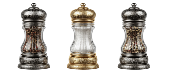 Three elegantly designed spice grinders showcasing a blend of metallic and glass textures, arranged symmetrically against a clean background, ideal for culinary-themed content