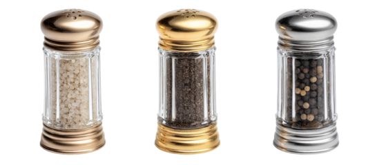 Three elegant spice shakers featuring distinct metallic lids, filled with salt, pepper, and mixed spices, positioned against a clean background, ideal for culinary presentations