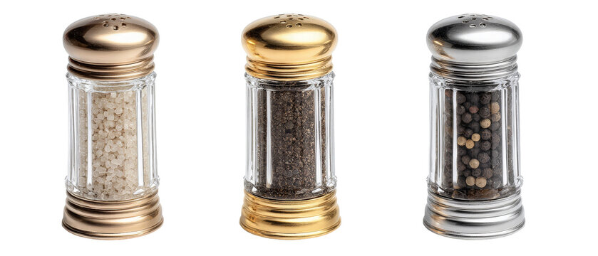 Three elegant spice shakers featuring distinct metallic lids, filled with salt, pepper, and mixed spices, positioned against a clean background, ideal for culinary presentations