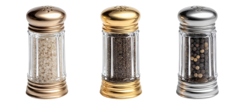 Three elegant spice shakers featuring distinct metallic lids, filled with salt, pepper, and mixed spices, positioned against a clean background, ideal for culinary presentations