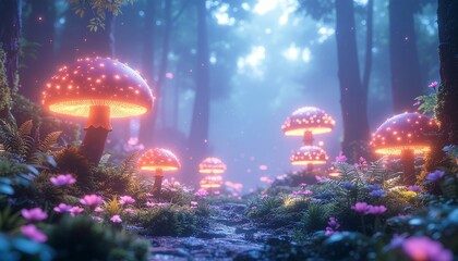 Magical glowing mushrooms in a mystical forest, a whimsical fantasy scene