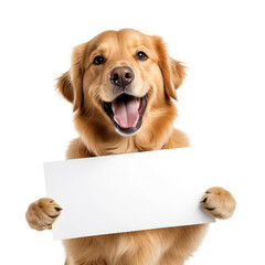 Smiling dog holding a blank sign. Cute, bright background
