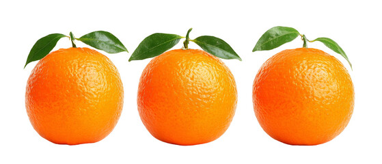 A vibrant display of three fresh oranges with green leaves, showcasing their natural texture and color against a plain background, ideal for food-related content or healthy lifestyle themes
