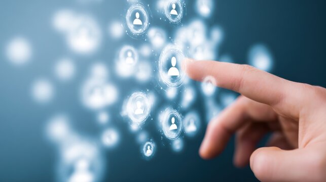 Finger interacting with glowing digital user icons on dark background