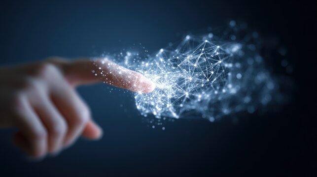 Finger touching glowing digital network structure against dark background