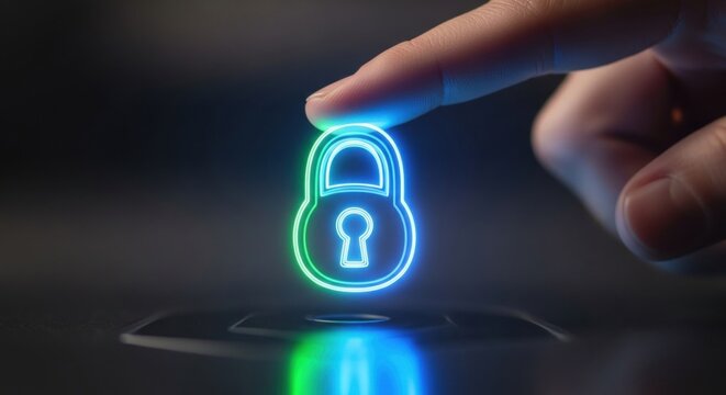 Finger touching a digital padlock icon representing data protection