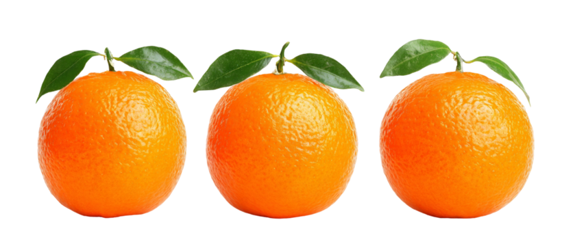 A vibrant display of three fresh oranges with green leaves, showcasing their natural texture and color against a plain background, ideal for food-related content or healthy lifestyle themes