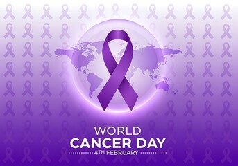 a global awareness campaign is visualized with a purple ribbon overlaying a world map symbolizing world cancer day on february fourth