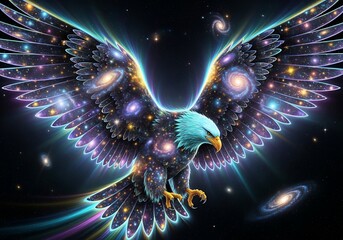 a majestic eagle formed from a swirling galaxy of stars and nebulae powerfully soaring through deep space showcasing cosmic beauty