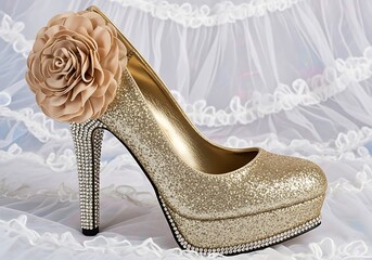 a glamorous golden high heel adorned with a delicate floral arrangement rests upon a textured lace surface presenting a beautiful aesthetic