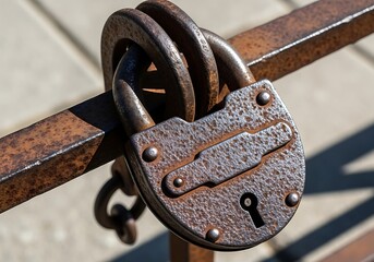 a close up view showcases a heavily rusted metal padlock securely fastened to a weathered iron railing representing security and time s
