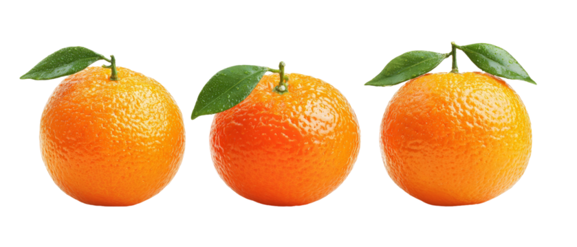 Three fresh oranges with vibrant orange skin and green leaves, arranged in a row, showcasing their natural texture against a clean white background, ideal for food-related content