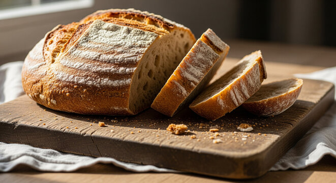 Sliced artisan bread loaf on rustic cutting board with flour and wheat grains