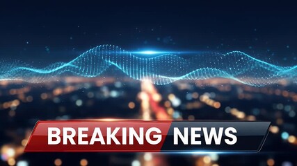Breaking news headline banner with blurred cityscape background and flowing digital wave graphic with cinematic lighting and colors - Powered by Adobe