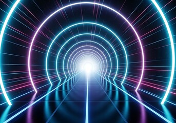 a vibrant and captivating digital tunnel constructed from concentric glowing rings of neon light leads towards a bright central point of illumination
