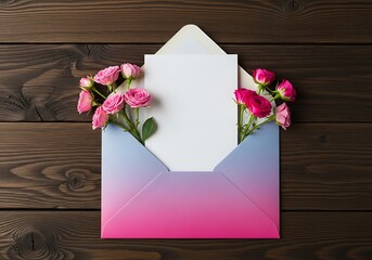 a flat lay composition featuring a pale pink envelope with blank paper surrounded by delicate pink roses on a wood surface