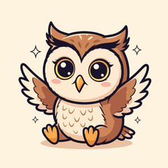 Cartoon Adorable Owl Sitting with Big Eyes and Small Wings Illustration