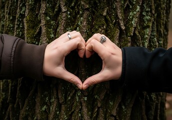 two hands gently forming a heart shape in front of a textured tree trunk covered in lush green moss symbolizing affection