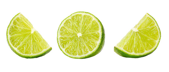 Freshly cut lime slices arranged in a row, showcasing vibrant green flesh and textured skin, with a plain background emphasizing their freshness and potential use in culinary presentations