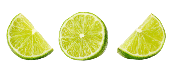Freshly cut lime slices arranged in a row, showcasing vibrant green flesh and textured skin, with a plain background emphasizing their freshness and potential use in culinary presentations