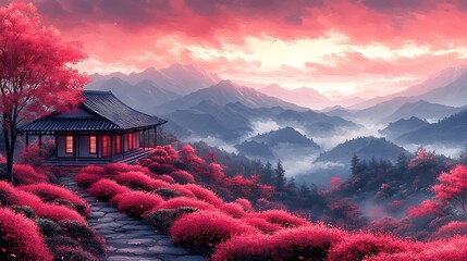 Japanese style house in misty mountains