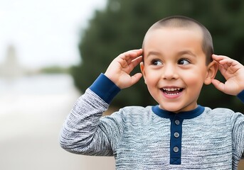 a young boy with a playful expression is making bunny ears with his hands looking excitedly towards something unseen high quality