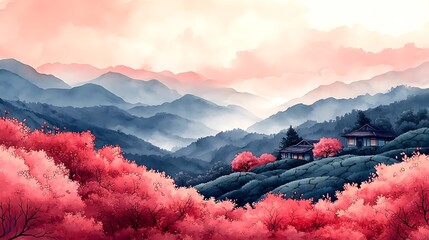 Pink blossom valley between misty mountains