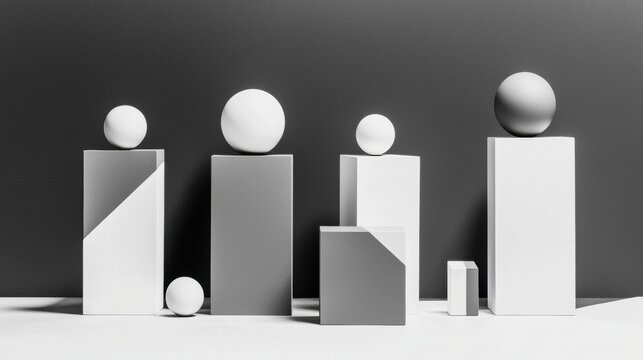 A minimalist sculpture of spheres on pedestals.