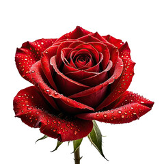 Vibrant red rose with water droplets on petals against black background