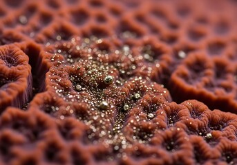 a macro shot reveals the intricate textures of a reddish brown coral structure featuring golden granules and a complex cellular pattern beautifully