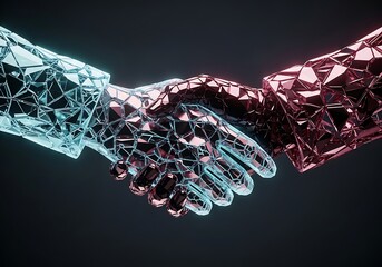 a futuristic depiction of two robotic hands shaking rendered with a crystalline fractured aesthetic in shades of red and blue