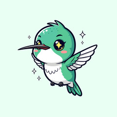 Cartoon Cute Detailed Hummingbird Character Illustration with Sparkles and Big Eyes