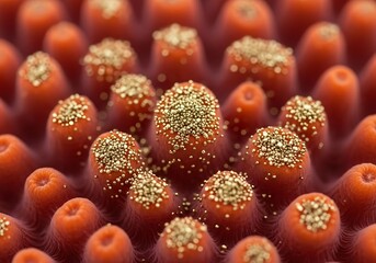 a captivating close up reveals a textured surface of rounded structures coated with glistening golden particles creating an abstract visual