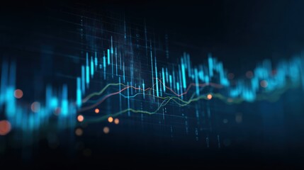 Abstract digital financial chart with glowing blue bars and lines.