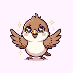 Kawaii Adorable Smiling Bird Character with Sparkling Stars Illustration