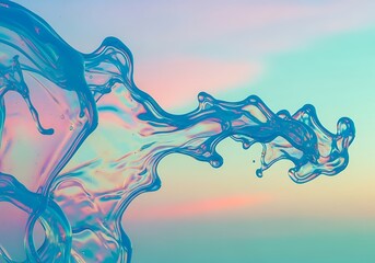 a vibrant abstract splash of iridescent blue liquid forms a sweeping curve against a soft pastel gradient background showcasing fluid dynamics
