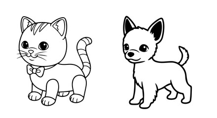 Cartoon Cat and Dog Duo in Playful Line Art Style