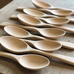 a collection of unfinished wooden spoons laid out on a light colored wooden surface showcasing their natural grain and simple design