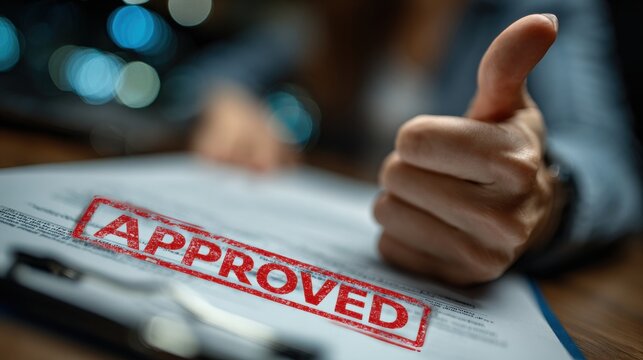 A hand gives a confident thumbs-up above a document stamped “APPROVED” in red, representing successful applications, completed projects, achievement, validation, or positive confirmation in a proposal