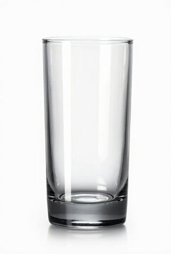 transparent glass cup standing upright on a clean white background.