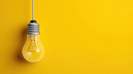 Hanging incandescent light bulb against solid yellow background with copy space.