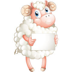 Cartoon Ram Sheep Holding Blank Sign with Curly Horns and Pink Body Standing Against White Background Full Body Portrait