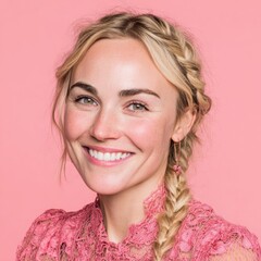 A chic pastel themed image of a woman in a delicate dress exudes elegance and modernity for timeless beauty concepts.