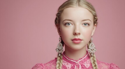 A chic pastel themed image of a woman in a delicate dress exudes elegance and modernity for timeless beauty concepts.