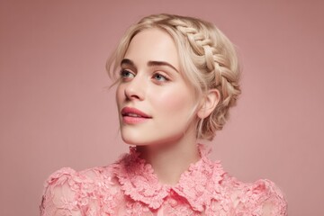 A chic pastel themed image of a woman in a delicate dress exudes elegance and modernity for timeless beauty concepts.