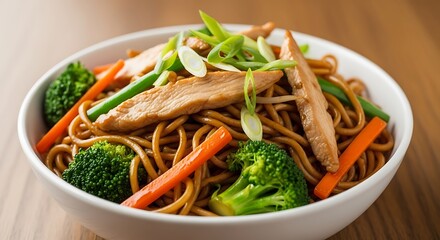 Delicious Chicken Chow Mein Noodles with Vegetables and Scallions in Bowl