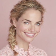 A chic pastel themed image of a woman in a delicate dress exudes elegance and modernity for timeless beauty concepts.