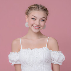 A chic pastel themed image of a woman in a delicate dress exudes elegance and modernity for timeless beauty concepts.