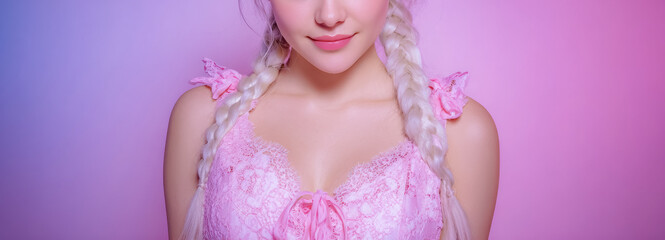 A chic pastel themed image of a woman in a delicate dress exudes elegance and modernity for timeless beauty concepts.