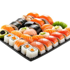 Sushi assortment on black tray with salmon, rice, nori, and vegetables